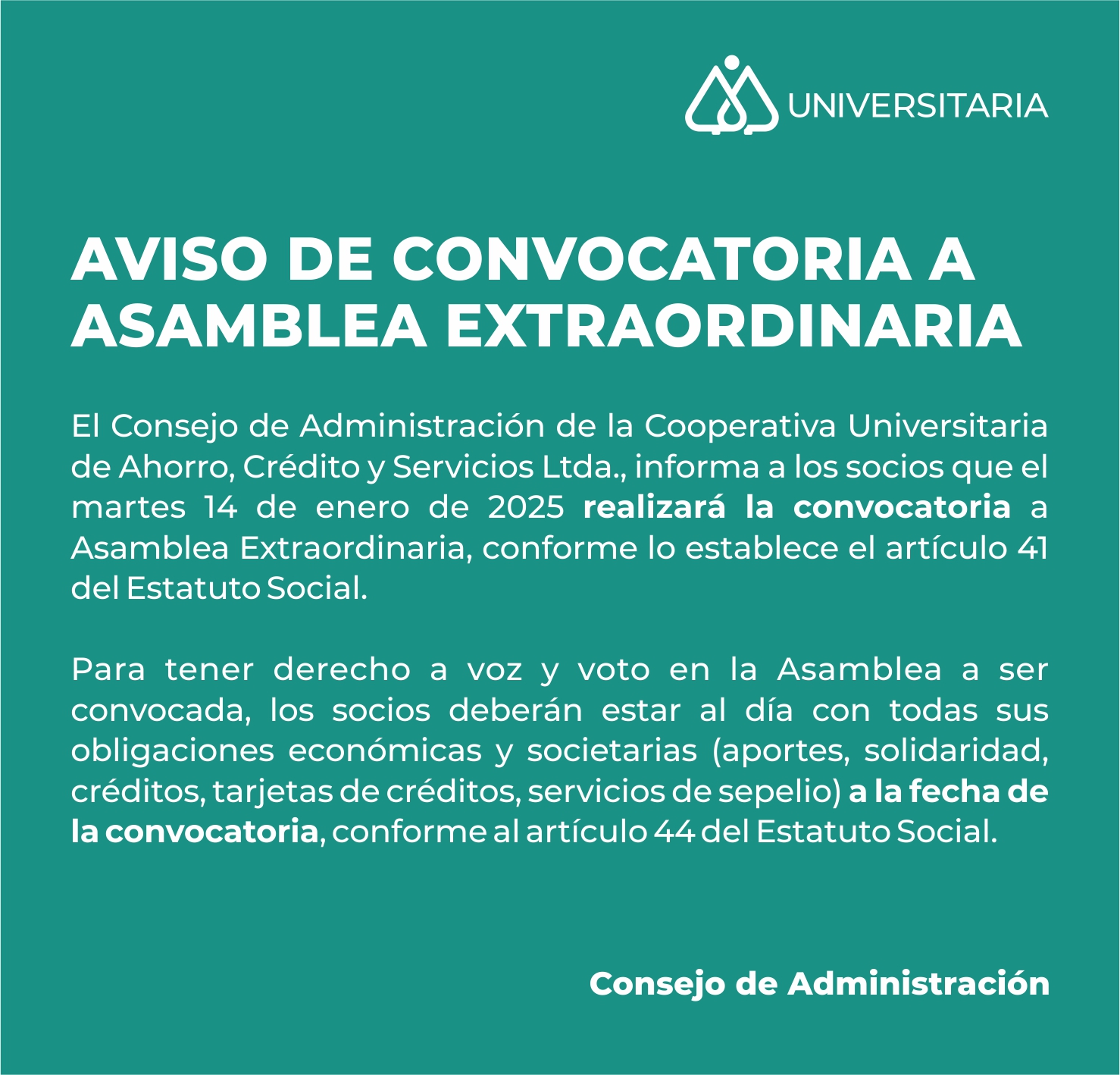 Aviso de Convocatoria a 50º Asamblea Extraordinaria