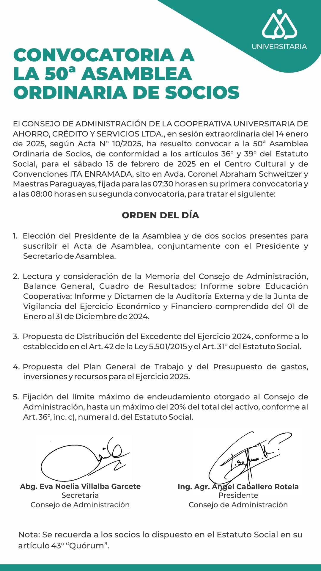 Aviso de Convocatoria a la 50 ª Asamblea Ordinaria.